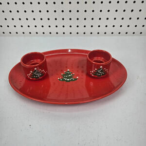 Waechtersbach Platter & Candle Holder Set Red Ceramic Christmas Tree